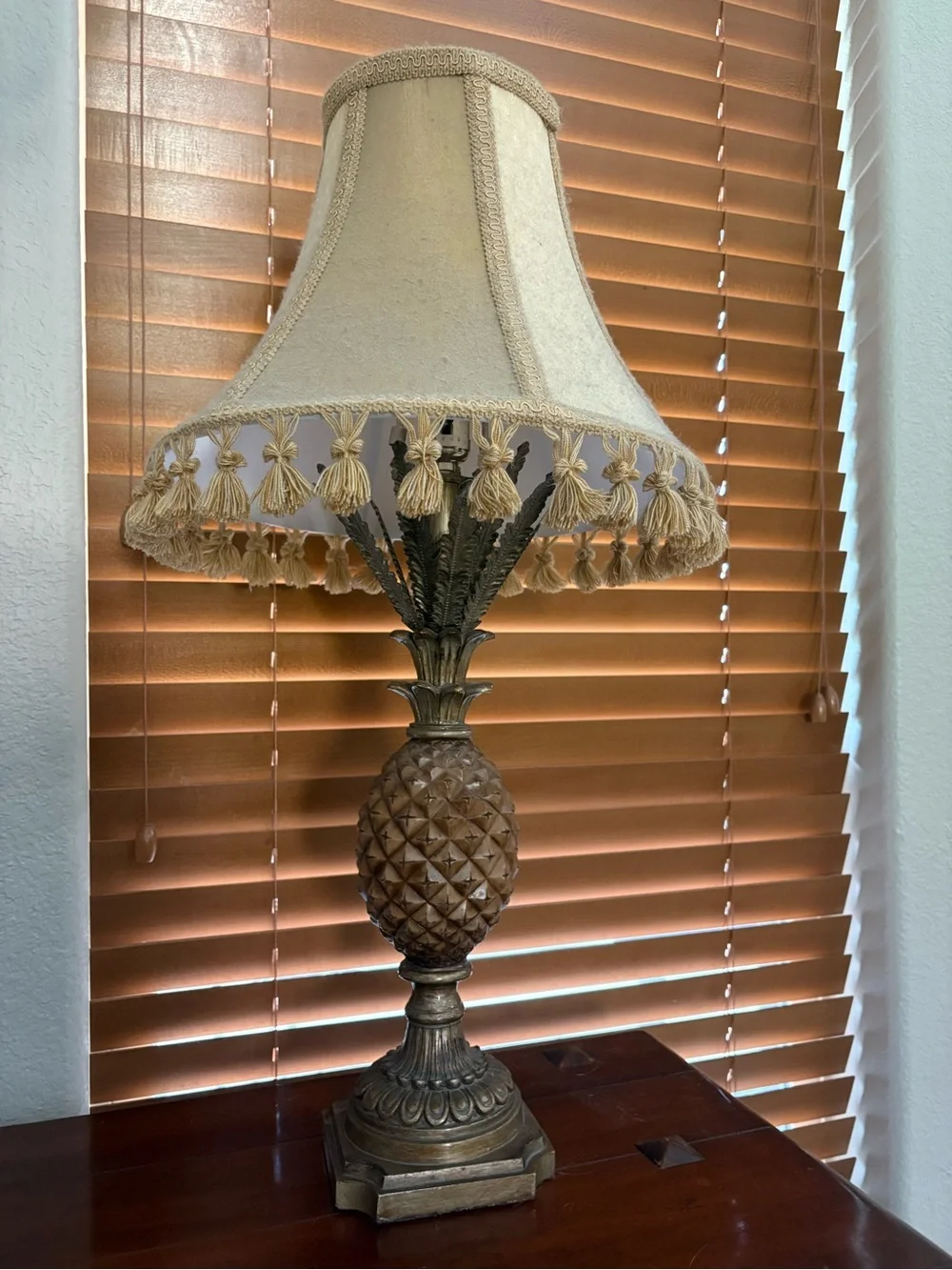 Pineapple Table Lamp Pair in Beige with Ornate Bronze Bases